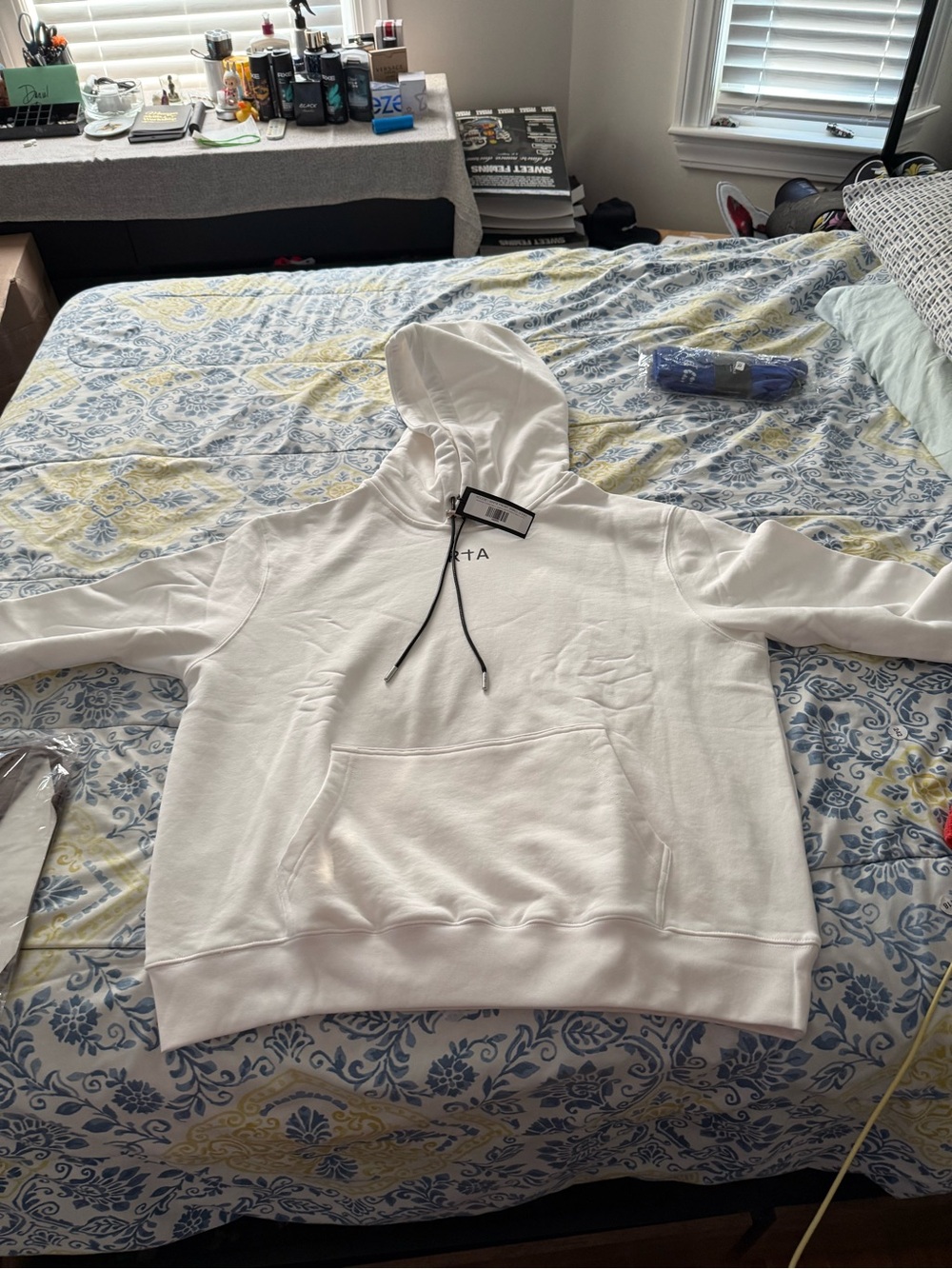 RtA White Men's Hooded Sweatshirt with Black Drawstrings
